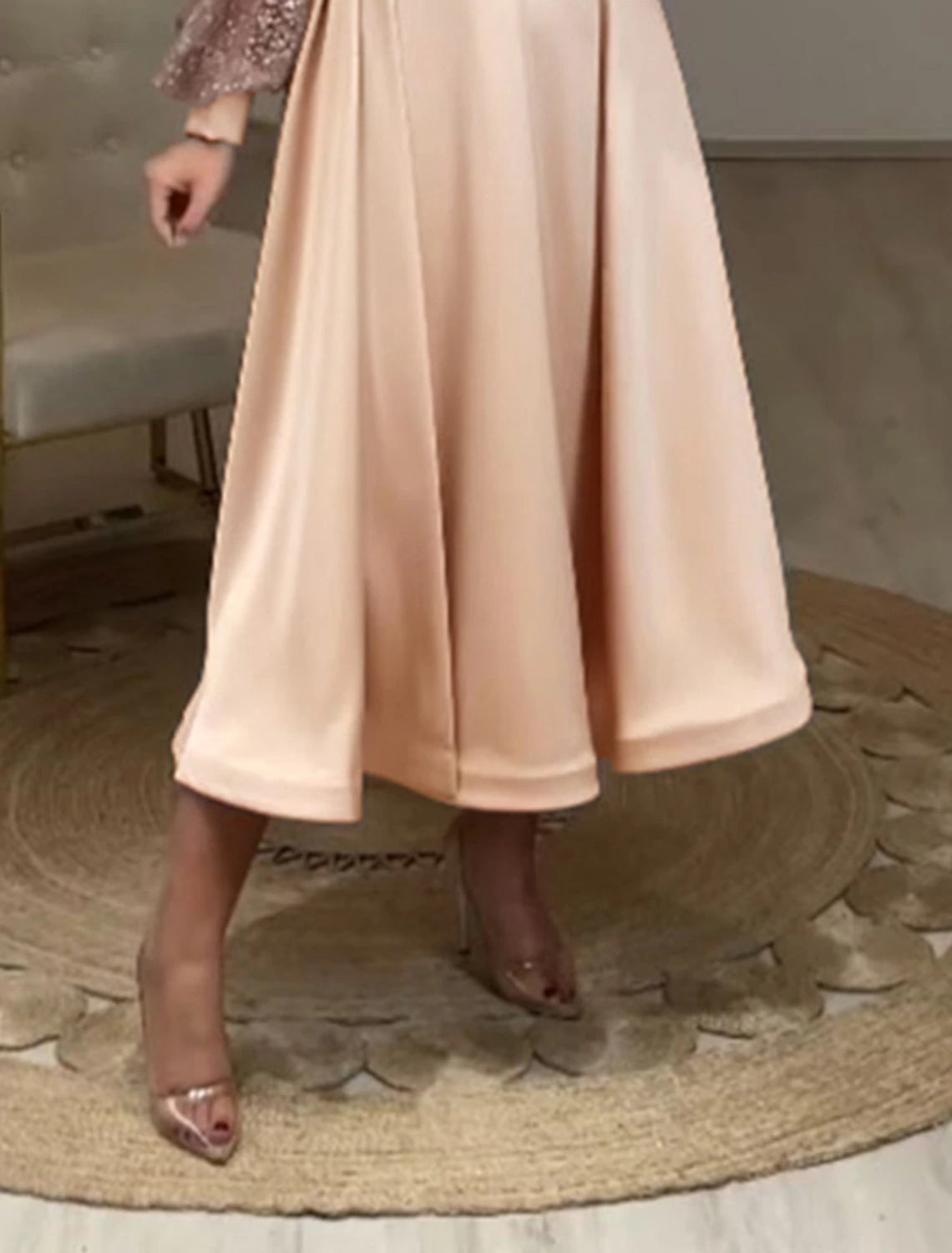 Abiti da cocktail a trapezio, eleganti, da festa, da invitata a nozze, lunghezza tè, maniche lunghe, scollo a V, in raso con arricciature